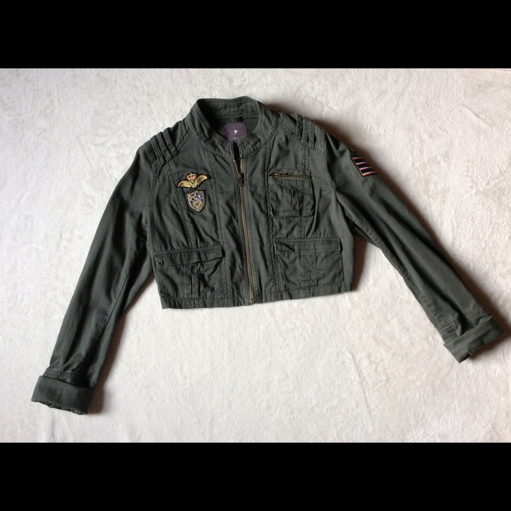 Army Green Cropped Jacket with patches